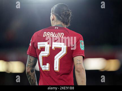 Anfield, Liverpool, Merseyside, Großbritannien. 9.. November 2022. Carabao Cup Football, Liverpool versus Derby County; Darwin Nunez of Liverpool Credit: Action Plus Sports/Alamy Live News Stockfoto