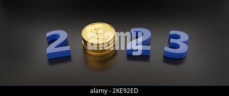 Jahr 2023 in drei Dimensionen mit Dollarmünzen. Konzept für das neue Jahr. 3D Abbildung. Stockfoto