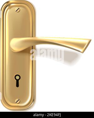 3D realistisches Symbol. Golnter Türgriff mit Schlüsselloch. Isoliert auf weißem Hintergrund. Stock Vektor
