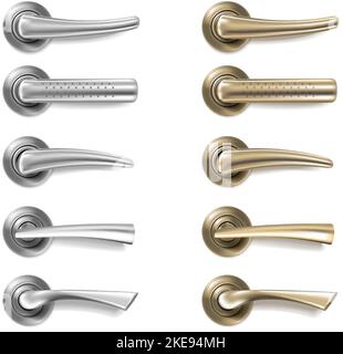 3D realistisches Vektor-Icon-Set. Sammlung von goldenen und silbernen Türgriffen in der Vorderansicht in verschiedenen Formen. Auf weißem Hintergrund. Stock Vektor