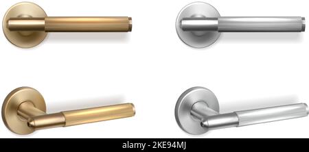3D realistisches Vektor-Icon-Set. Goldene und silberne Türgriffe in der Seiten- und Vorderansicht. Auf weißem Hintergrund. Stock Vektor