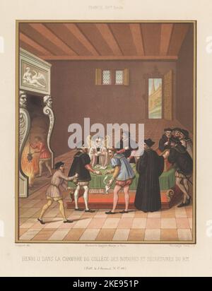 König Heinrich II. Von Frankreich in der Kammer des Notar- und Sekretärskollegiums an den König, 14. April 1540. Der König hält einen Federkiel am Tisch, umgeben von Beamten. Ein Gemälde von Leda und Zeus über dem Herd. Henri II. Dans la chambre du College de Notaires et Secretaires du ROI. FRAU H.F. 441, Bibliotheque de l'Arsenal. Chromolithographie der Brüder Thurwanger nach einer Illustration von Claudius Joseph Ciappori aus Charles Louandres Les Arts Somptuaires, The Sumptuary Arts, Hangard-Mauge, Paris, 1858. Stockfoto