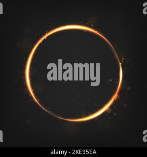 Abbildung. Goldener Feuerkreis mit Blendung und Funkeln auf dunklem Hintergrund. Stock Vektor