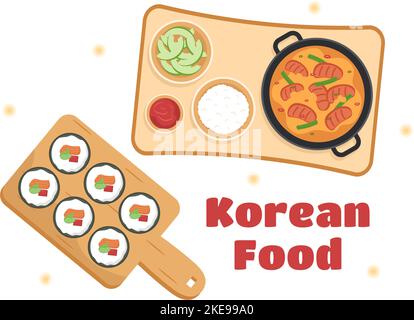 Koreanische Lebensmittel-Set Menü von verschiedenen traditionellen oder nationalen köstliche Küche Gericht in flachen Cartoon Handgezeichnete Vorlagen Illustration Stock Vektor