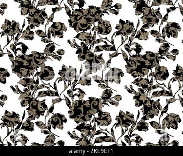 Nahtloses florales Muster im Retro-Stil mit Aquarell-Effekt. Goldene, gelbe Blüten auf hellem Hintergrund. Ein handgezeichnetes Rosendamask-Muster. Stock Vektor