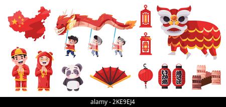 Chinesisches Objekt Symbol set Sammlung Löwentanz Drache Panda asiatische Festival Charakter Lampion Stock Vektor