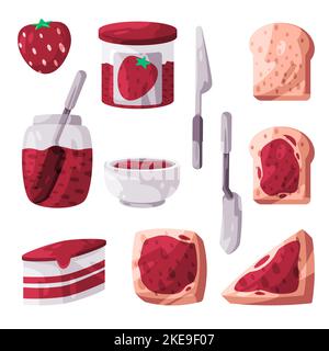 Erdbeermarmelade Aufstrich in Scheiben gebackenes Brot Sandwich Objekt Set Sammlung Stock Vektor