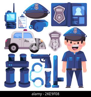 COP Polizist Objekt Illustration Symbol Satz blaue Uniform Abzeichen Kappe und Sicherheitsausrüstung Stock Vektor
