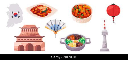 südkoreanische Ikone Set Sammlung von kulturellen Objekt von Food Gate Palast Flagge Stock Vektor