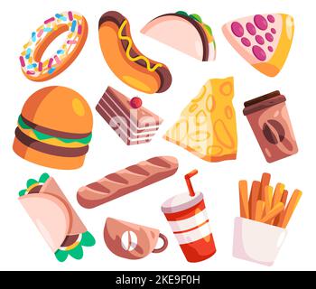 Junk Food american menu set Illustration Symbol Karikatur von Burger oder Hund Käse Kaffee Brot Kuchen Stock Vektor
