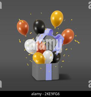 3D Dunkel glänzende Geschenkschachtel mit Ballonglitzern Stock Vektor