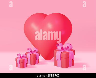 3D rote Geschenkschachteln mit großem Herzen Stock Vektor