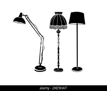 Stellen Sie das schwarze Silhouettenobjekt der Bodenleuchten auf weißen Hintergrund ein. Alte Lampe. Vektordarstellung Stock Vektor
