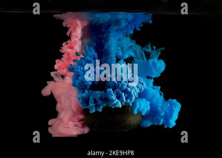 Abstrakte Acrylfarbe wirbelt im Wasser, schwarzer Hintergrund. Abstrakter Hintergrund. Blauer und pinker Tintenblt, perfektes Layout für Ihr Design. Stockfoto