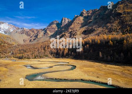 Luftaufnahme des Preda Rossa-Tals im Herbst vor dem Monte Disgrazia und Corni Bruciati. Val Masino, Provinz Sondrio, Lombardei, Italien. Stockfoto