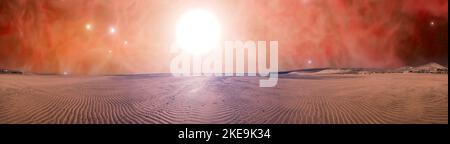 Panorama Sandige Wüste auf Exoplanet mit heller Sonne auf rotem Himmel Hintergrund Stockfoto