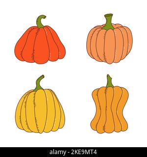 Set von Kürbis in verschiedenen Formen und Farben. Thanksgiving und halloween Elemente. Vektorgrafik im handgezeichneten Stil. Stock Vektor