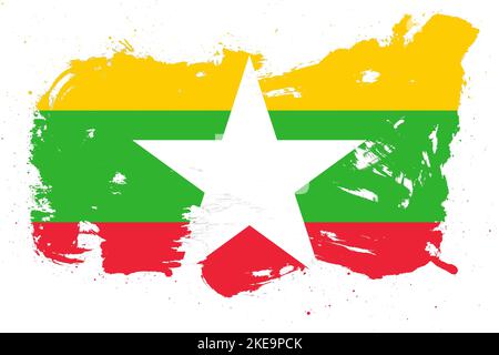 Myanmar Flagge mit gemaltem Grunge Pinselstrich Effekt auf weißem Hintergrund Stockfoto
