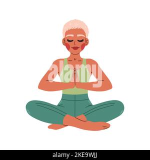 Junge schwarze Frau, die in Yoga-Lotuspose sitzt. Meditierende Mädchen Illustration. Yoga Frau, Meditation, Anti-Stress Stock Vektor