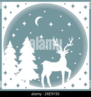 Papercut-Stil Illustration, Hirsche zwischen Weihnachtsbäumen, mehrschichtige Vektor-Illustration. Stock Vektor