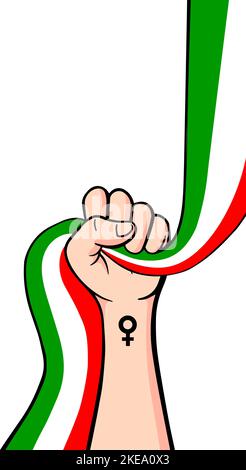 Proteste im Iran Vektor-Poster mit Kopierraum. Solidarität mit den iranischen Frauen. Vorlage für Hintergrund, Banner. Handdarstellung mit Fahne. Stock Vektor