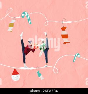 Collage zeitgenössischer Kunst. Zwei junge Menschen, Mann und Frau, die auf dem Garn stehen und Geschenke machen Stockfoto