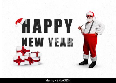 Kreative Foto 3D Collage Kunstwerk von lustig funky stilvolle Mann santa claus stehen große Inschrift Neujahr isoliert auf Malerei Hintergrund Stockfoto