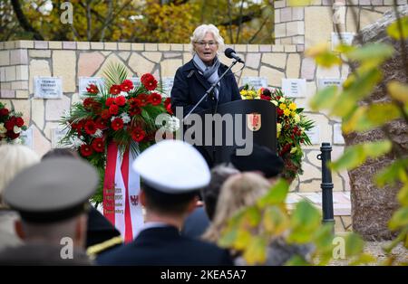 11. November 2022, Brandenburg, Schwielowsee/OT Geltow: Bundesverteidigungsministerin Christine Lambrecht (SPD) spricht bei der Eröffnung des wiederaufgebauten Ehrenhains des Lagers Marmal in Mazar-i Sharif im "Wald der Erinnerung" beim Einsatzkommando der Bundeswehr. Der Ehrenhain des Camp Marmal in Afghanistan, der sich auf dem Gelände der Henning von Tresckow-Kaserne befindet, erinnert an die 59 deutschen Soldaten und die Familien von elf Nationen, die im Zusammenhang mit der Afghanistan-Mission ihr Leben verloren haben. Der Gedenkhain wurde 2007 auf Initiative von Soldaten der Bundeswehr gegründet. Stockfoto