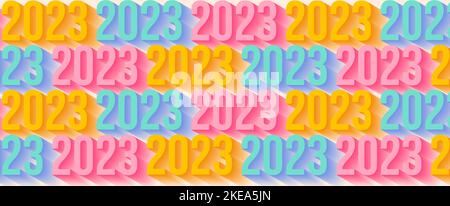 2023 Neujahr Karte mit hellen bunten 3D realistische Jahreszahl. Lustige festliche horizontale Panorama-Hintergrund auf rosa, blau und gelb Farben. Vektor Stock Vektor