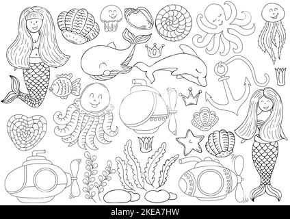 Große Reihe von Symbolen und Designelementen. Meer, Meer und ihre fabelhaften Bewohner. Monochrom. Sammlung von Symbolen, Schildern, Pins Stock Vektor