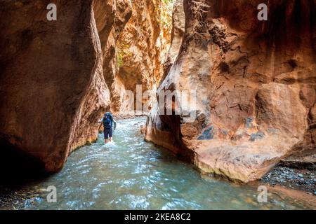 Ein Trekker in der M'Goun-Schlucht im Atlasgebirge von Marokko Stockfoto