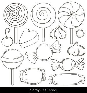 Farbgebung. Satz von Vektorgrafiken im Handzeichnen-Stil. Sammlung von Symbolen, Pins, Schilder, Aufkleber. Bonbons, Lutscher, Salmler Stock Vektor