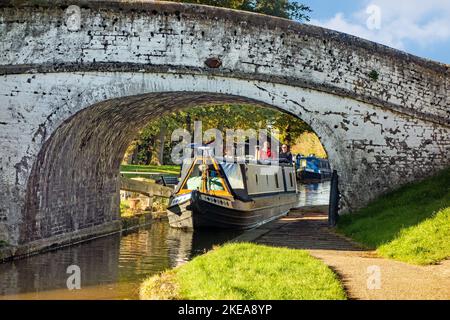 Kanal-Schmalboot unter einer Brücke auf dem Shropshire Union Kanal bei Nantwich Chethire England Stockfoto