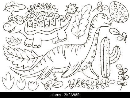 Satz von Vektorgrafiken im handgezeichneten Stil. Malzeichnungen. Sammlung von Symbolen, Schilder, Aufkleber. Dinosaurier der Jurassic Periode Stock Vektor