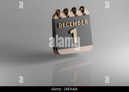Stehender schwarzer und goldener, monatsliniert Schreibtisch-Kalender mit Datum Dezember 1.. Modernes Design mit goldenen Elementen, 3D Rendering Illustration. Weiße Cerami Stockfoto