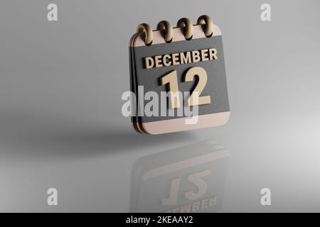 Stehender schwarzer und goldener, monatsliniert Schreibtisch-Kalender mit Datum Dezember 12.. Modernes Design mit goldenen Elementen, 3D Rendering Illustration. Weißer Ceran Stockfoto