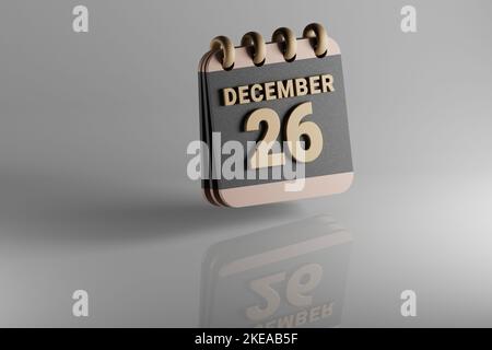 Schwarzer und goldener Tischkalender mit Monatsübersicht und Datum Dezember 26. Modernes Design mit goldenen Elementen, 3D Rendering Illustration. Weiße Cerami Stockfoto
