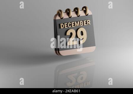Schwarzer und goldener Tischkalender mit Monatsübersicht und Datum Dezember 29. Modernes Design mit goldenen Elementen, 3D Rendering Illustration. Weiße Cerami Stockfoto