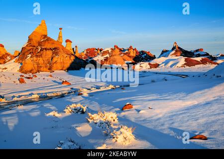 Bisti Badlands, Monolit und Gesteinsäule aus Lehm und Sandstein geformt, im Winter, Bisti Wilderness, New Mexico, USA, Nord Amerika Stockfoto