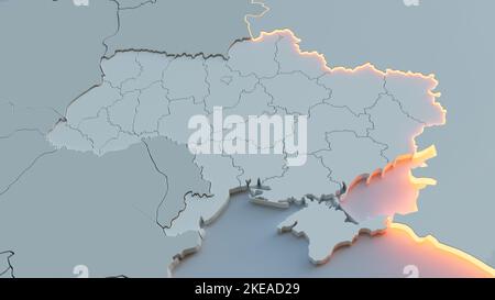 Spannungen zwischen der Ukraine und Russland. Konzeptionelle Karte der Staatsgrenzen. 3D Rendern Stockfoto