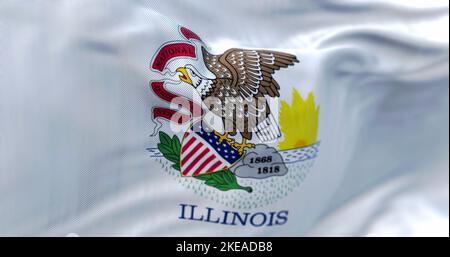 Nahaufnahme der im Wind winkenden Staatsflagge von Illinois. Illinois ist ein Staat im Mittleren Westen der Vereinigten Staaten. Texturierter Hintergrund aus Stoff. Selektiv Stockfoto