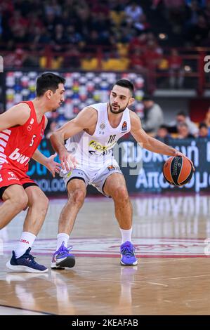 Athen, Lombardei, Griechenland. 10.. November 2022. 10 IOANNIS PAPAPETROU von Partizan während der Euroleague, Runde 7, Spiel zwischen Olympiacos Piräus und Partizan im Friedens- und Freundschaftsstadion am 10. November 2022 in Athen, Griechenland. (Bild: © Stefanos Kyriazis/ZUMA Press Wire) Stockfoto