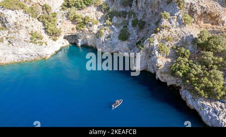 Luftaufnahme der Küste der Tersane-Insel, Göcek Fethiye Türkei Stockfoto