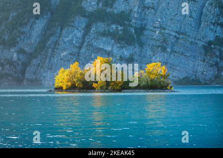 Kleine Insel im türkisfarbenen Wasser des Walensee, Schweiz, St. Gallen Stockfoto