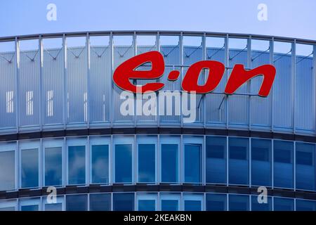 Logo des Energieversorgers E.ON SE, Hauptsitz, Deutschland, Nordrhein-Westfalen, Ruhrgebiet, Essen Stockfoto