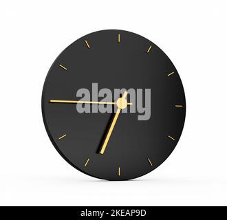 Premium Gold Clock Icon isoliert 6:45 Uhr Viertel bis Sieben auf schwarzem Symbolhintergrund. Sechs fünfundvierzig Uhr Symbol 3D Abbildung Stockfoto