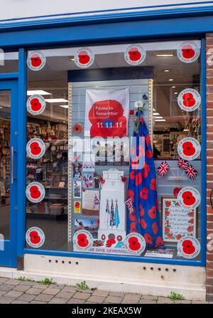 Chalfont St Peter, Buckinghamshire, Großbritannien. 11.. November 2022. Mohnblumen, damit wir nicht vergessen, Fahnen und bunte Erinnerungsfenster im Dorf Chalfont St. Peter. Quelle: Maureen McLean/Alamy Live News Stockfoto