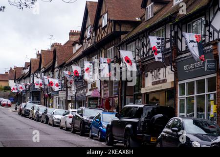 Chalfont St Peter, Buckinghamshire, Großbritannien. 11.. November 2022. Mohnblumen, damit wir nicht vergessen, Fahnen und bunte Erinnerungsfenster im Dorf Chalfont St. Peter. Quelle: Maureen McLean/Alamy Live News Stockfoto