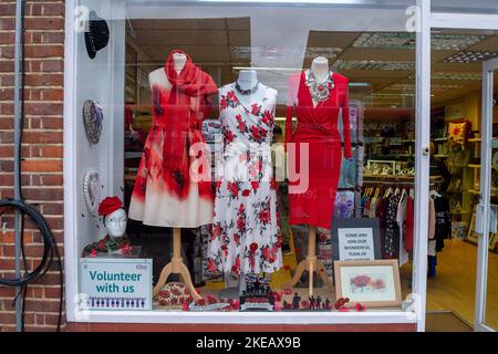 Chalfont St Peter, Buckinghamshire, Großbritannien. 11.. November 2022. Mohnblumen, damit wir nicht vergessen, Fahnen und bunte Erinnerungsfenster im Dorf Chalfont St. Peter. Quelle: Maureen McLean/Alamy Live News Stockfoto