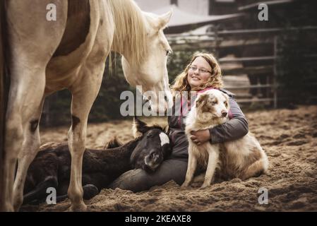 Frau, Hund und Pferde Stockfoto